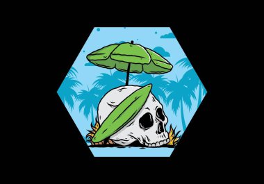 Plaj şemsiyesi altında sörf tahtası olan kafatası tasarımı.