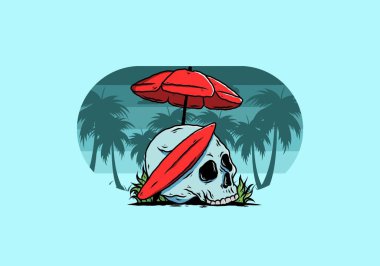 Plaj şemsiyesi altında sörf tahtası olan kafatası tasarımı.