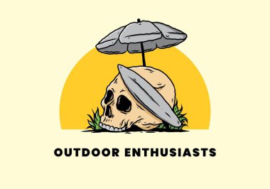 Plaj şemsiyesi altında sörf tahtası olan kafatası tasarımı.