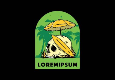 Plaj şemsiyesi altında sörf tahtası olan kafatası tasarımı.