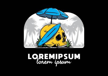 Plaj şemsiyesi altında sörf tahtası olan kafatası tasarımı.