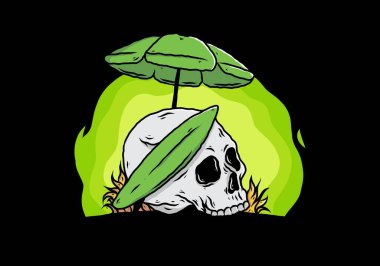 Plaj şemsiyesi altında sörf tahtası olan kafatası tasarımı.