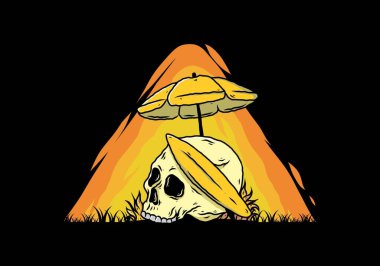 Plaj şemsiyesi altında sörf tahtası olan kafatası tasarımı.