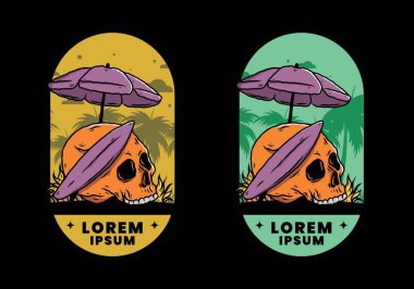 Plaj şemsiyesi altında sörf tahtası olan kafatası tasarımı.