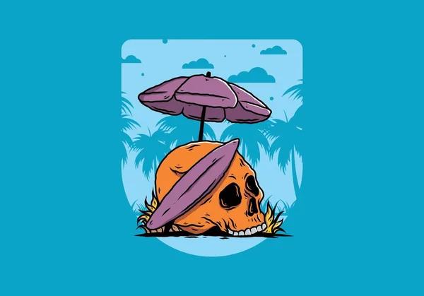 Desenho Ilustrativo Crânio Com Prancha Surf Sob Guarda Chuva Praia — Vetor de Stock