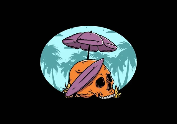 Ilustración Diseño Cráneo Con Tabla Surf Bajo Paraguas Playa — Vector de stock