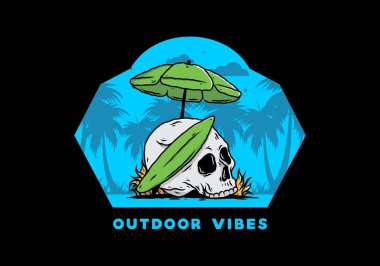 Plaj şemsiyesi altında sörf tahtası olan kafatası tasarımı.