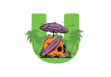 Plaj şemsiyesi altında sörf tahtası olan kafatası tasarımı.