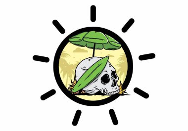 Plaj şemsiyesi altında sörf tahtası olan kafatası tasarımı.