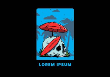 Plaj şemsiyesi altında sörf tahtası olan kafatası tasarımı.