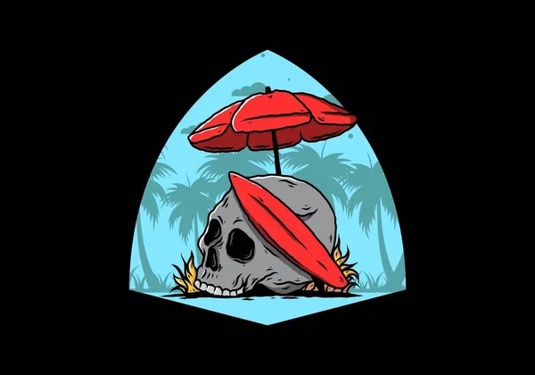 Desenho Ilustrativo Crânio Com Prancha Surf Sob Guarda Chuva Praia — Vetor de Stock