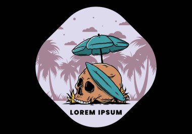 Plaj şemsiyesi altında sörf tahtası olan kafatası tasarımı.