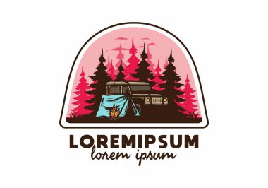 Orman illüstrasyonunda arabanın yanında kamp yapmak.