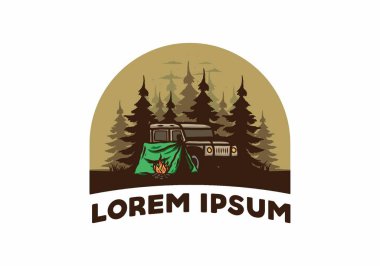 Orman illüstrasyonunda arabanın yanında kamp yapmak.