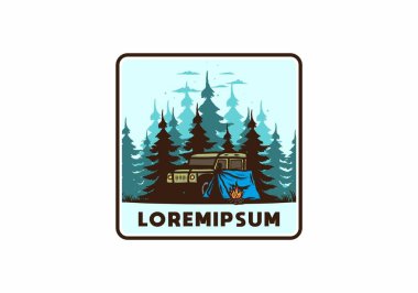 Orman illüstrasyonunda arabanın yanında kamp yapmak.