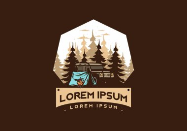 Orman illüstrasyonunda arabanın yanında kamp yapmak.
