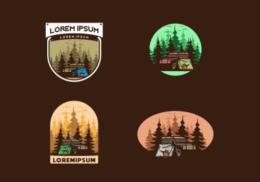 Orman illüstrasyonunda arabanın yanında kamp yapmak.