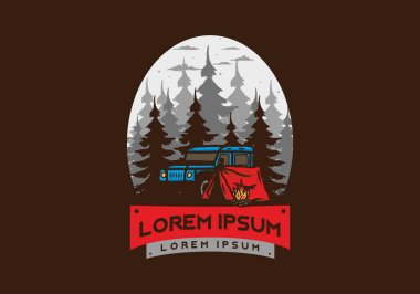 Orman illüstrasyonunda arabanın yanında kamp yapmak.