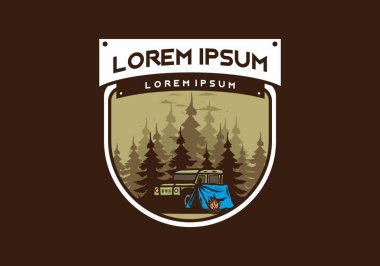 Orman illüstrasyonunda arabanın yanında kamp yapmak.