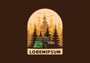 Orman illüstrasyonunda arabanın yanında kamp yapmak.