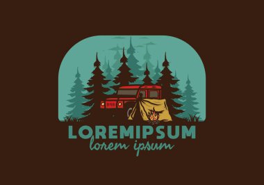 Orman illüstrasyonunda arabanın yanında kamp yapmak.