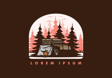 Orman illüstrasyonunda arabanın yanında kamp yapmak.