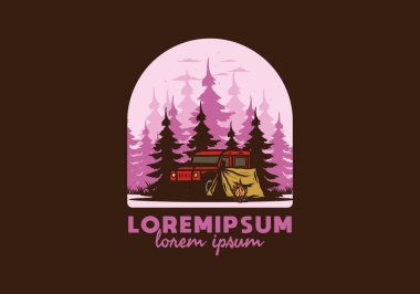 Orman illüstrasyonunda arabanın yanında kamp yapmak.