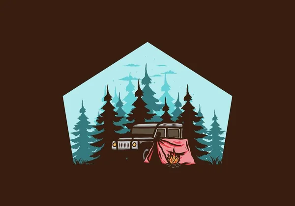 Camping Junto Coche Diseño Ilustración Del Bosque — Vector de stock