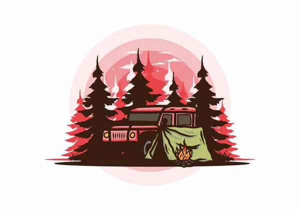 Zelten Neben Dem Auto Wald Illustration Design — Stockvektor