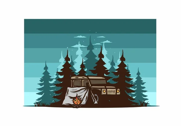Camping Lângă Mașină Designul Ilustrațiilor Forestiere — Vector de stoc