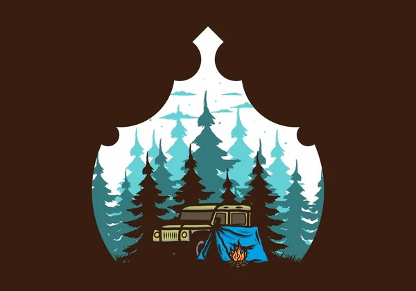 Camping Junto Coche Diseño Ilustración Del Bosque — Vector de stock
