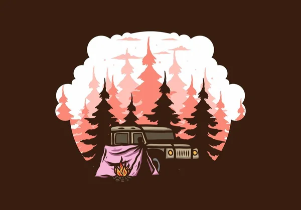 Camping Junto Coche Diseño Ilustración Del Bosque — Vector de stock