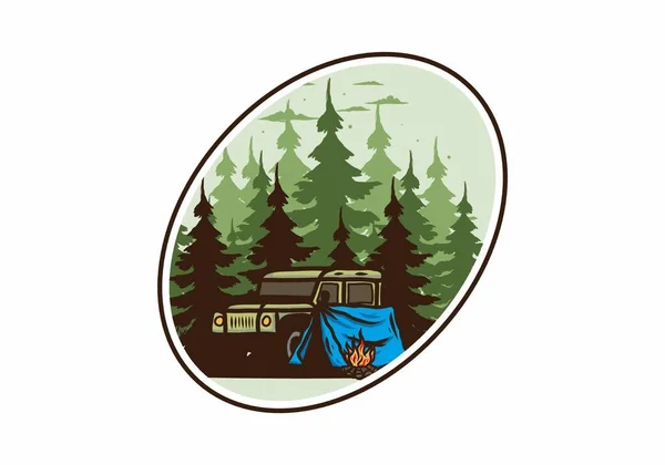 Кемпінг Біля Машини Лісовому Дизайні Ілюстрації — стоковий вектор