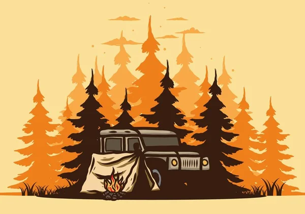 Camping Mellett Autó Erdő Illusztráció Design — Stock Vector