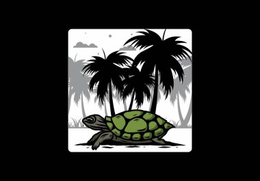 Hindistan cevizi ağacı çiziminin altındaki deniz kaplumbağası.