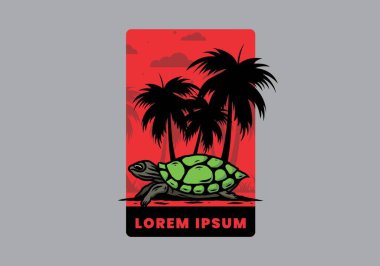 Hindistan cevizi ağacı çiziminin altındaki deniz kaplumbağası.