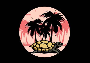 Hindistan cevizi ağacı çiziminin altındaki deniz kaplumbağası.