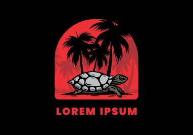 Hindistan cevizi ağacı çiziminin altındaki deniz kaplumbağası.