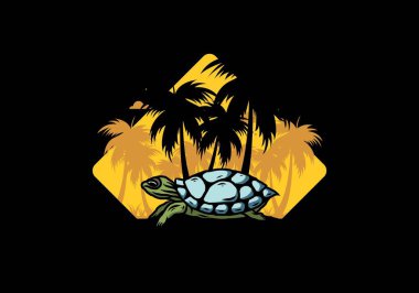 Hindistan cevizi ağacı çiziminin altındaki deniz kaplumbağası.