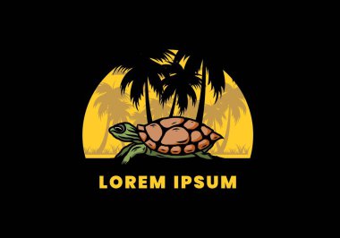 Hindistan cevizi ağacı çiziminin altındaki deniz kaplumbağası.