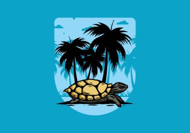 Hindistan cevizi ağacı çiziminin altındaki deniz kaplumbağası.