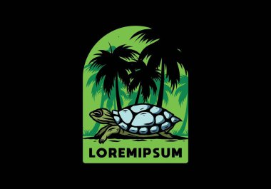 Hindistan cevizi ağacı çiziminin altındaki deniz kaplumbağası.