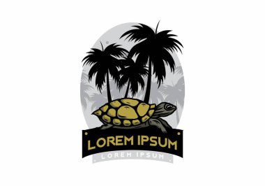 Hindistan cevizi ağacı çiziminin altındaki deniz kaplumbağası.