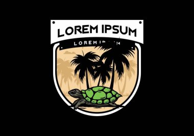 Hindistan cevizi ağacı çiziminin altındaki deniz kaplumbağası.