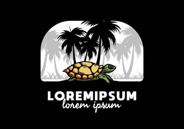 Hindistan cevizi ağacı çiziminin altındaki deniz kaplumbağası.