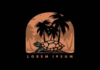 Hindistan cevizi ağacı çiziminin altındaki deniz kaplumbağası.