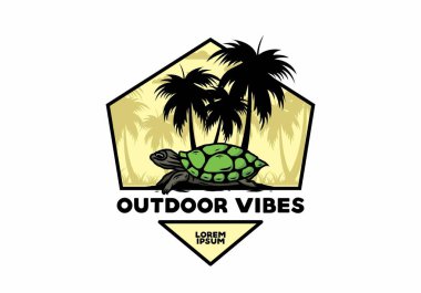 Hindistan cevizi ağacı çiziminin altındaki deniz kaplumbağası.