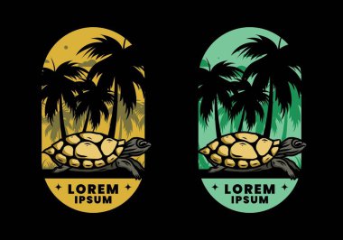 Hindistan cevizi ağacı çiziminin altındaki deniz kaplumbağası.