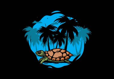 Hindistan cevizi ağacı çiziminin altındaki deniz kaplumbağası.