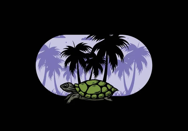 Żółw Morski Pod Drzewem Kokosowym Projekt Ilustracji — Wektor stockowy